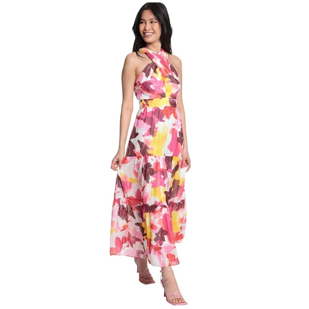 NWT Maggy London Criss-Cross Halter Tiered Maxi Dress, Size 10